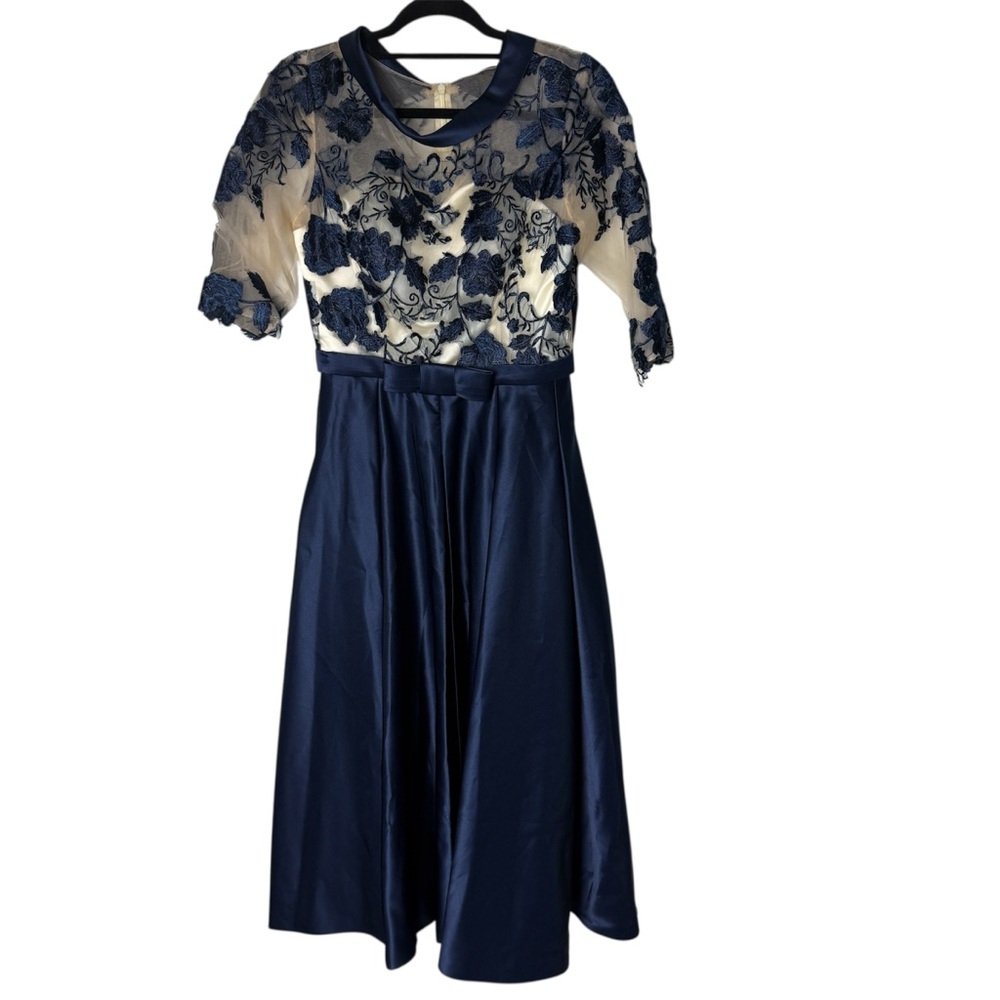 Floral lace and shantung fit and flare dress